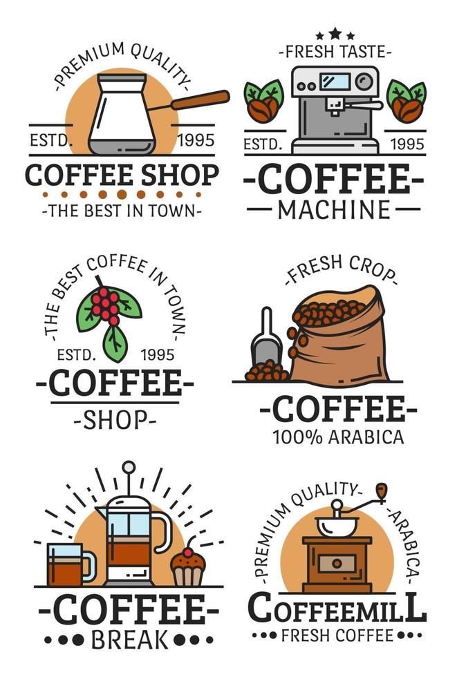 tasses à café et icônes vectorielles de haricots vecteur