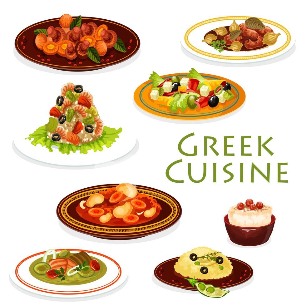 plats grecs avec de la viande, des légumes et des fruits de mer vecteur