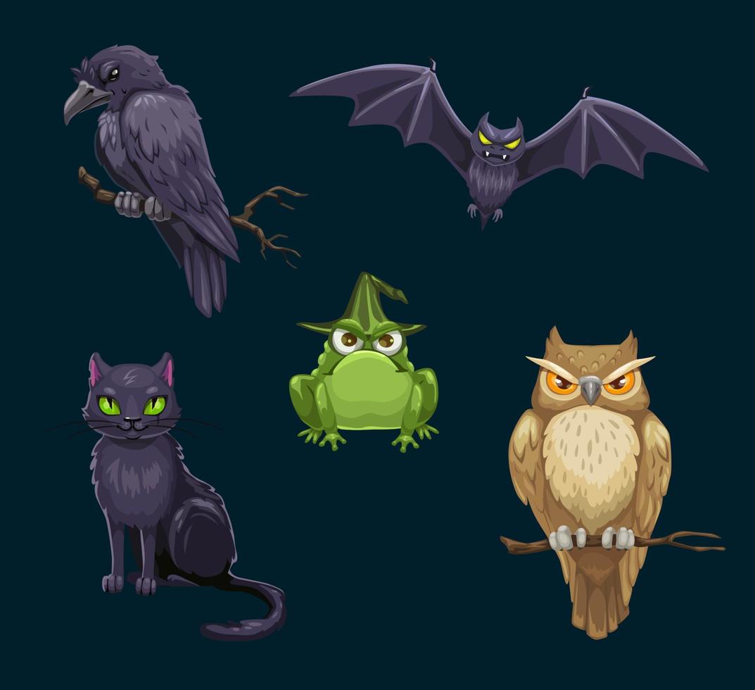 chat d'halloween, chauve-souris et hibou, corbeau et grenouille vecteur