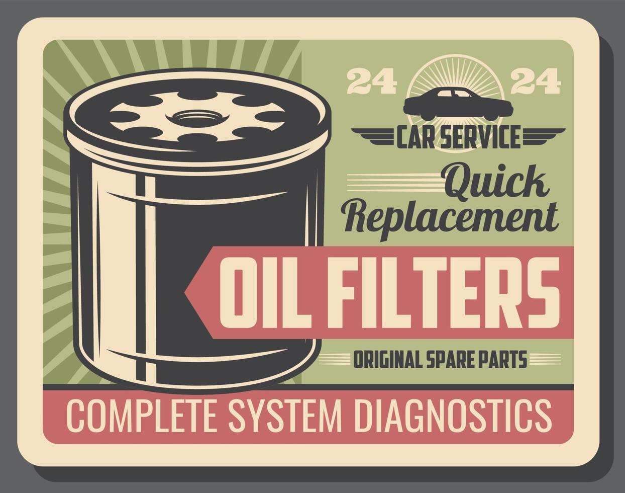 affiche rétro de filtres à huile pour le service de réparation automobile vecteur