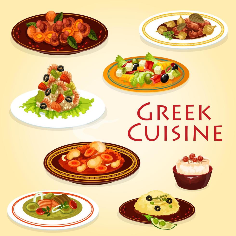 plats de cuisine grecque avec de la viande, du fromage et des fruits de mer vecteur