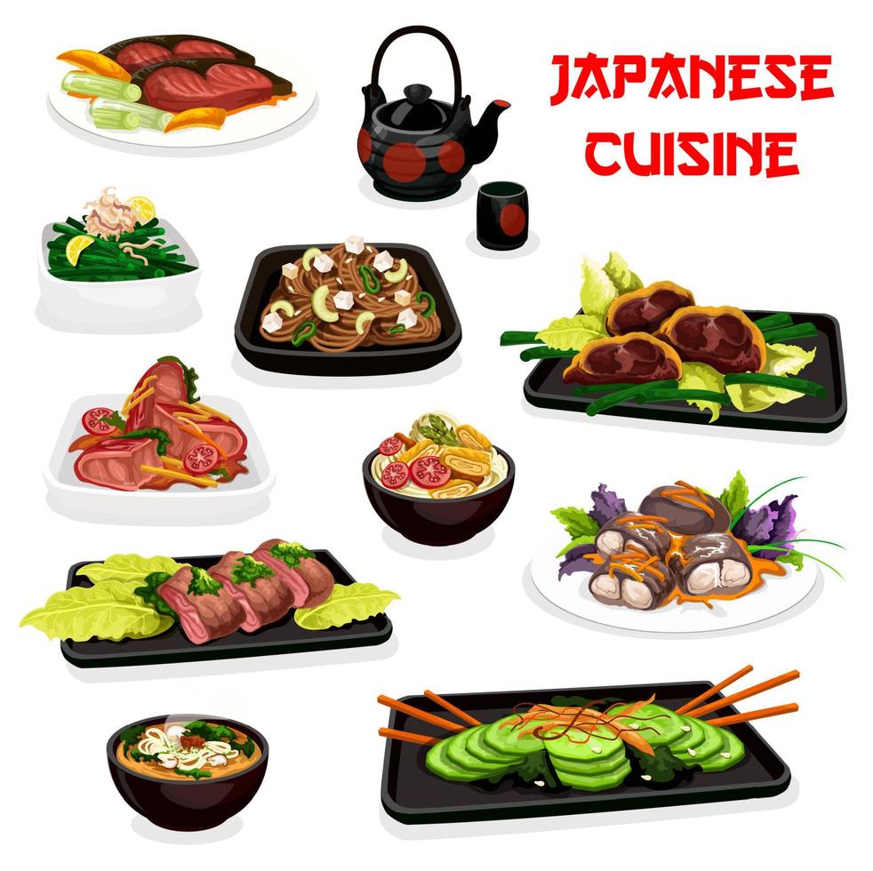 plats de cuisine japonaise, viandes et poissons vecteur