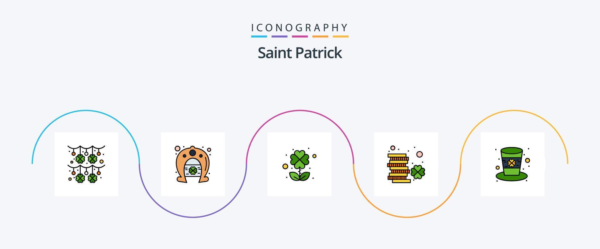 pack d'icônes plat 5 rempli de la ligne saint patrick, y compris le chapeau. Patrick. trèfle. argent. Irlande vecteur
