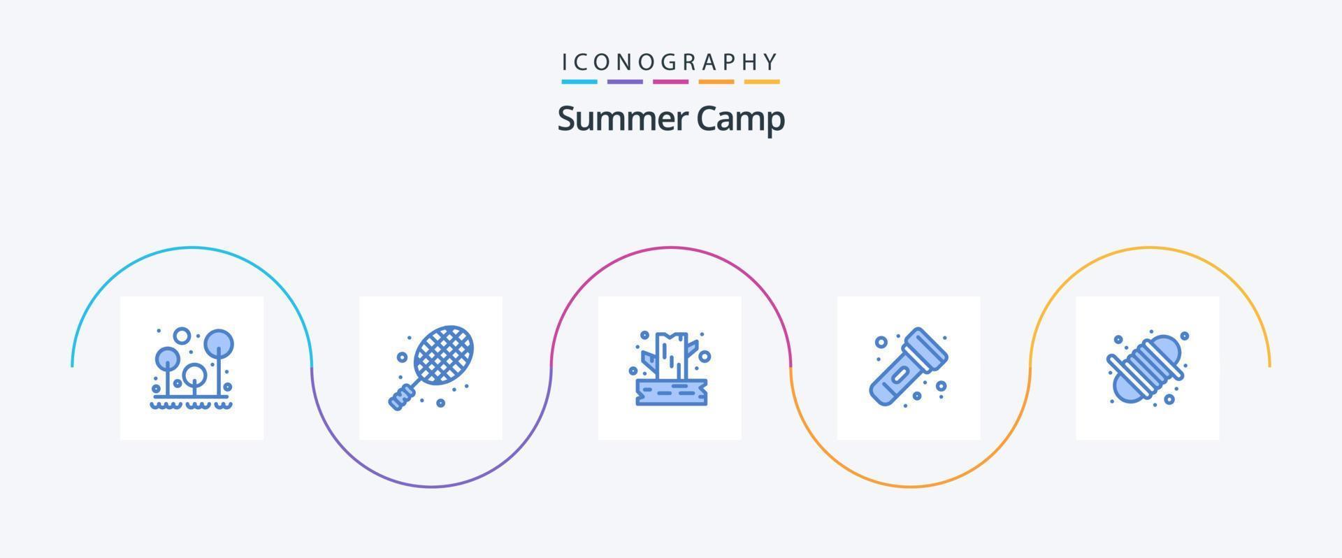 pack d'icônes bleu camp d'été 5 comprenant le camping. lumière. tennis. lampe de poche. bois vecteur