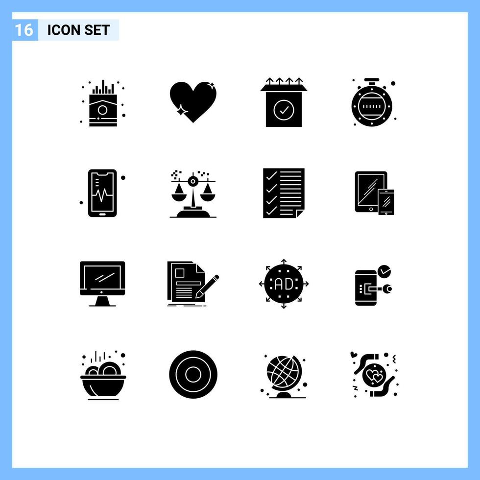16 concept de glyphe solide pour les sites Web mobiles et les applications battre le rapport de téléphone minuterie horloge éléments de conception vectoriels modifiables vecteur