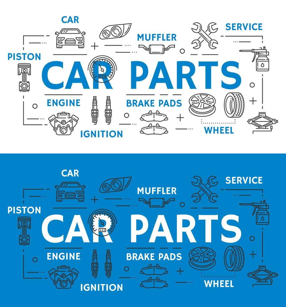 pièces de voiture, affiche promotionnelle de dessin au trait de réparation de véhicules vecteur