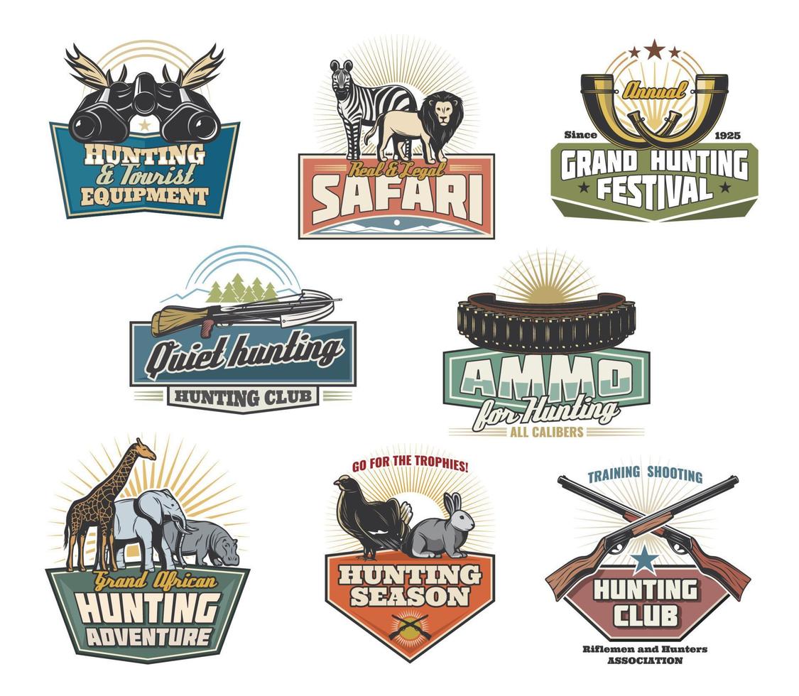 icônes de safari de chasse avec des animaux et des fusils de chasse vecteur