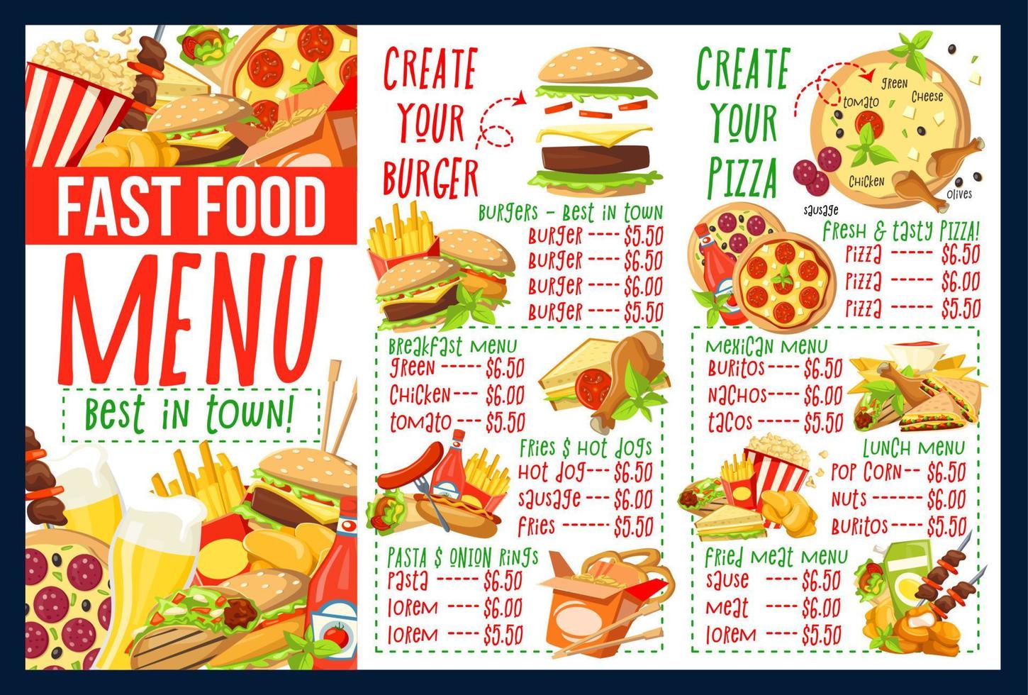 menu de restauration rapide avec des ingrédients de hamburger et de pizza vecteur