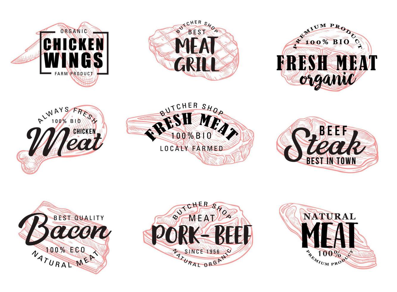 icônes de nourriture de viande avec lettrage vecteur