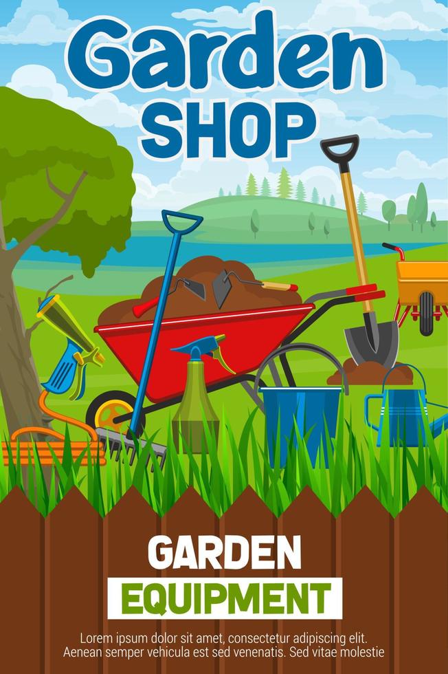 affiche de magasin de jardin avec des outils agricoles sur la pelouse vecteur