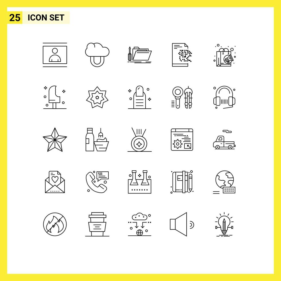 ensemble de pictogrammes de 25 lignes simples d'éléments de conception vectorielle modifiables de service de serveur de dossier de technologie numérique vecteur