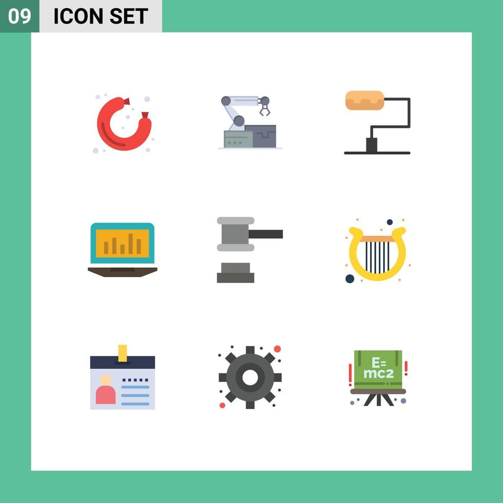 symboles d'icônes universels groupe de 9 couleurs plates modernes d'outils rouleau de peinture marteau surveillance des enchères éléments de conception vectoriels modifiables vecteur