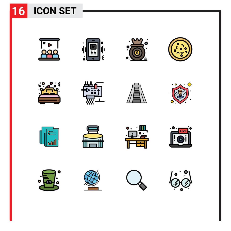 groupe de 16 signes et symboles de lignes remplies de couleur plate pour manger diagramme de croissance du joueur de pizza éléments de conception vectoriels créatifs modifiables vecteur