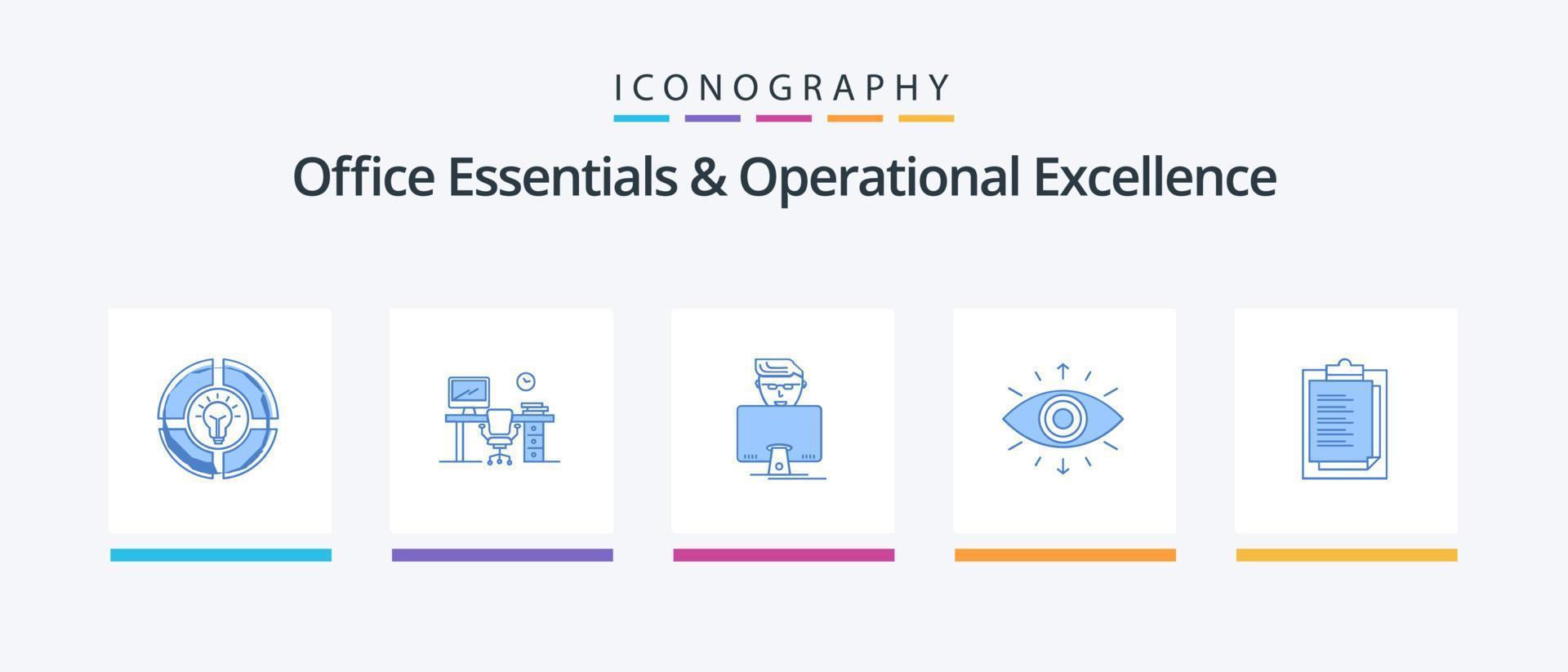 Office Essentials et pack d'icônes bleues d'exellence opérationnelle 5, y compris le membre. symbole. table de bureau. œil. vieille femme. conception d'icônes créatives vecteur