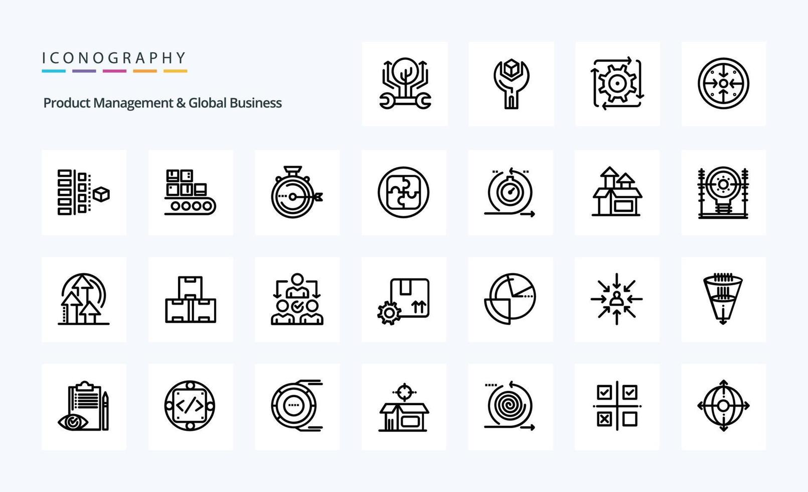 25 gestion de produits et pack d'icônes de ligne d'activité mondiale vecteur