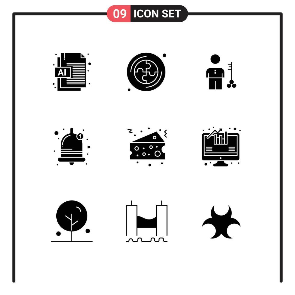 ensemble moderne de 9 glyphes et symboles solides tels que les éléments de conception vectoriels modifiables de sécurité de la cloche de verrouillage du fromage vecteur
