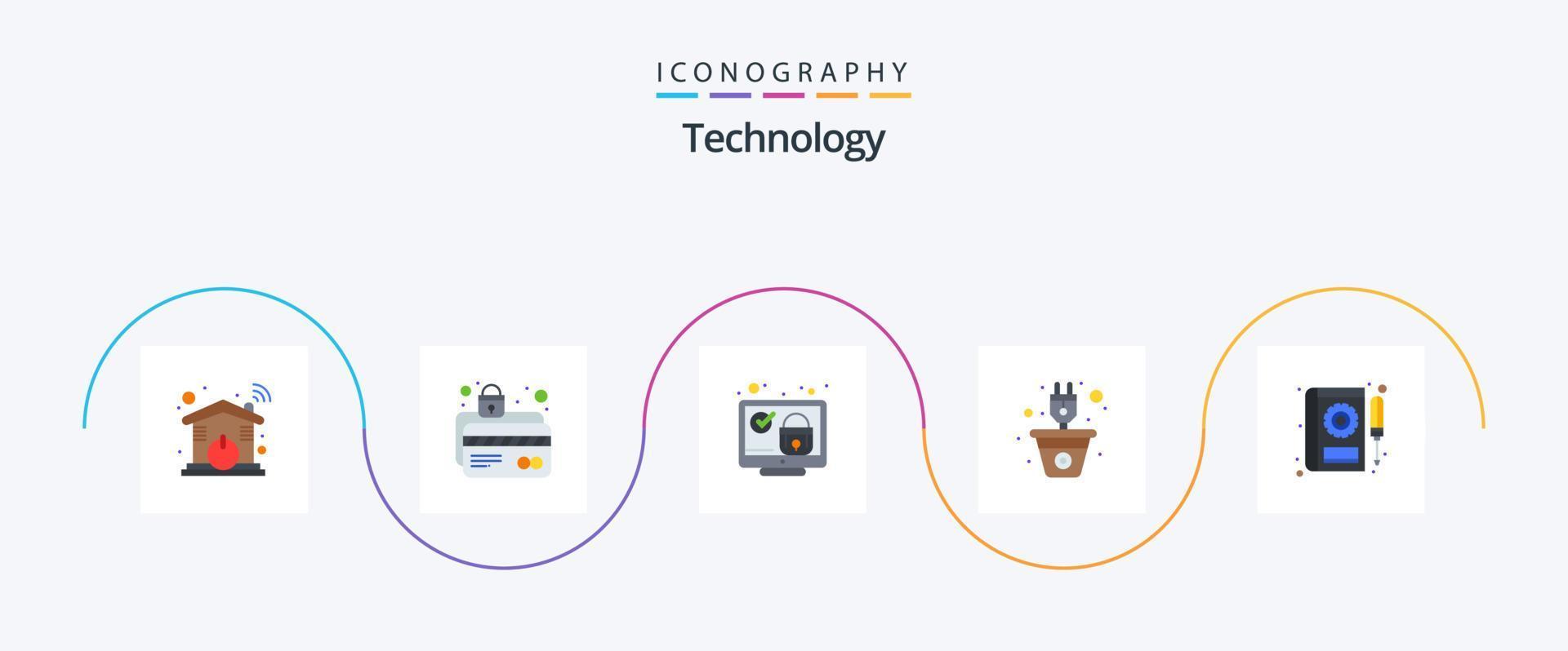 pack d'icônes technologie plat 5, y compris l'alimentation. plante. protection. énergie. Chèque vecteur