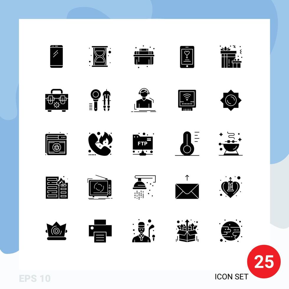 pack de 25 glyphes solides créatifs d'éléments de conception vectoriels modifiables de l'application d'amour mécanique pour amoureux de la célébration vecteur