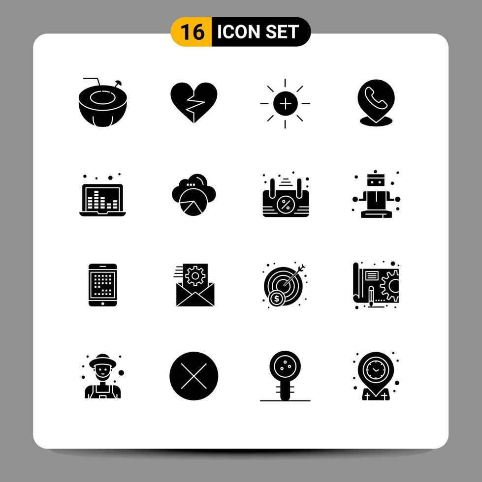 ensemble de pictogrammes de 16 glyphes solides simples de carte d'ordinateur portable éléments de conception vectoriels modifiables par l'utilisateur du téléphone cassé vecteur