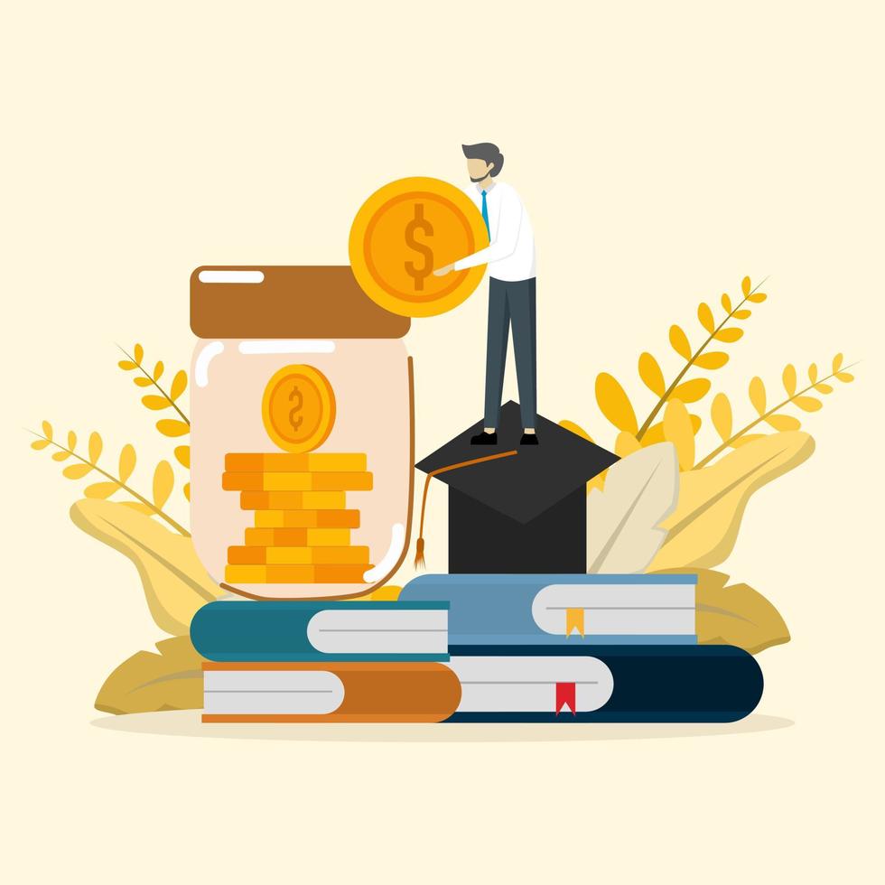 concept d'illustration de l'éducation financière. gestion financière personnelle et concept de littératie financière. caractère étudiant investissant de l'argent dans l'éducation et la connaissance. illustration vectorielle. vecteur