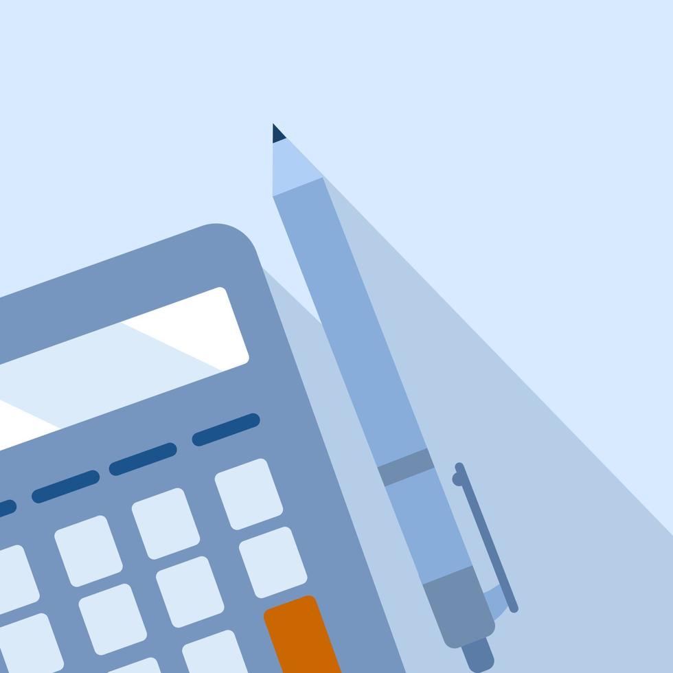 concept d'activité financière, comptabilité, calcul d'impôt ou épargne et investissement, calculatrice noire avec stylo sur fond bleu, illustration vectorielle plane. vecteur