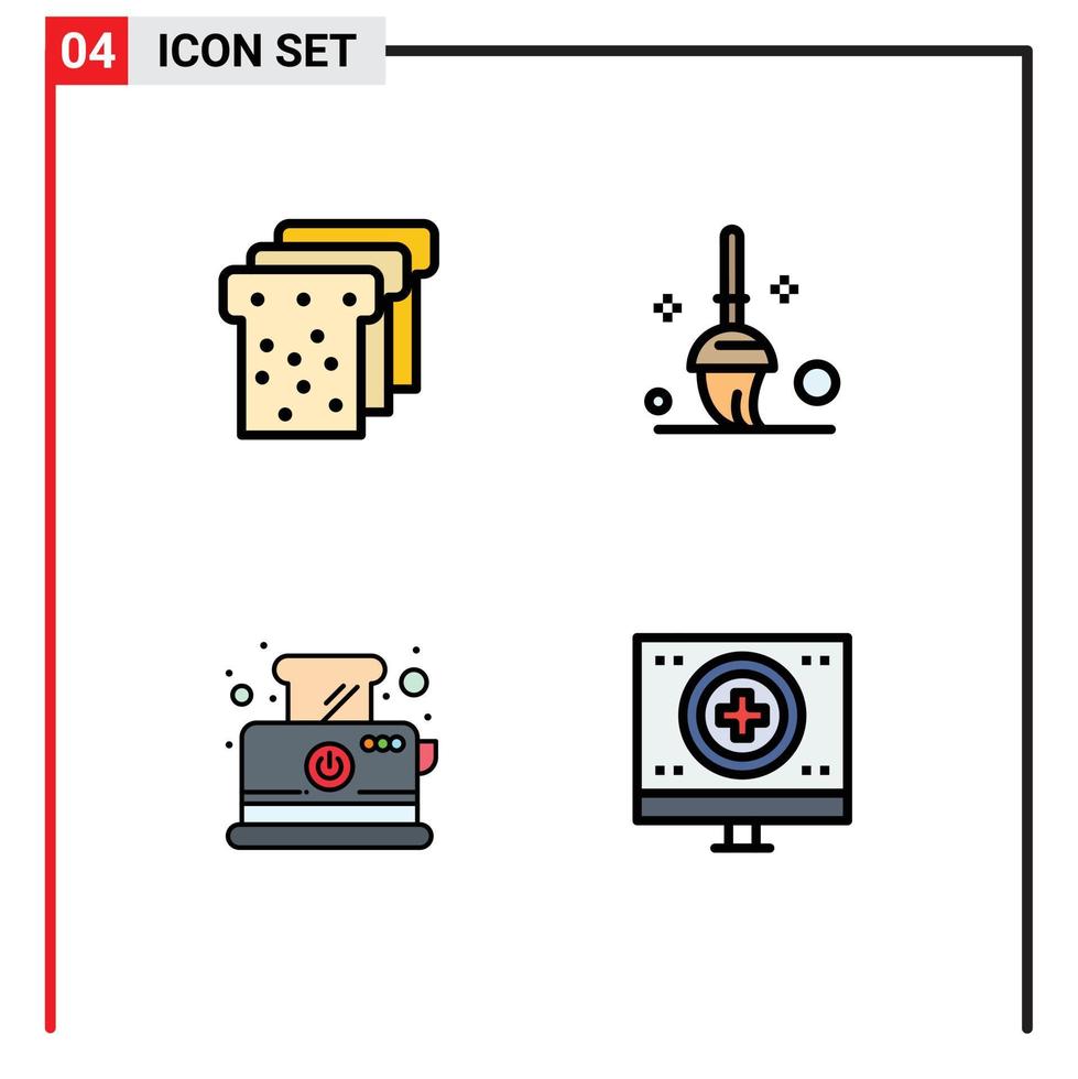 interface mobile filledline plat couleur ensemble de 4 pictogrammes de pain petit déjeuner seau pain santé éléments de conception vectoriels modifiables vecteur