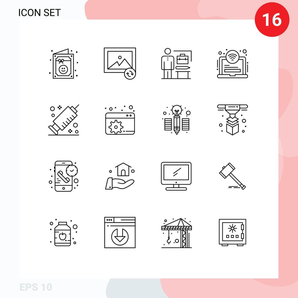 16 contours universels définis pour les applications web et mobiles la médecine vaccinale a accompli des éléments de conception vectoriels modifiables pour hôtel wifi vecteur