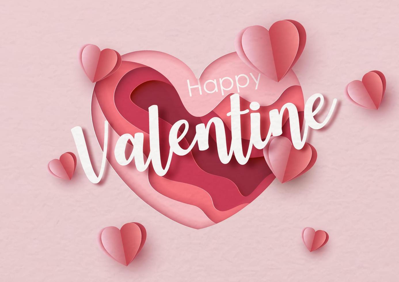 lettrage blanc happy valentine avec des coeurs roses en forme de coeur abstrait et grand sur fond de papier rose. carte de voeux et affiche de la saint-valentin dans un style découpé en papier et un dessin vectoriel. vecteur