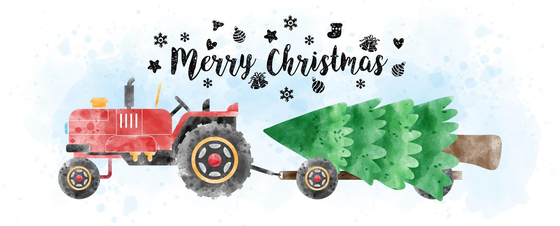 un tracteur avec camion transportant un pin dans un style aquarelle avec des lettres de joyeux noël et décoré de symboles de noël sur aquarelle bleu clair et fond blanc. vecteur