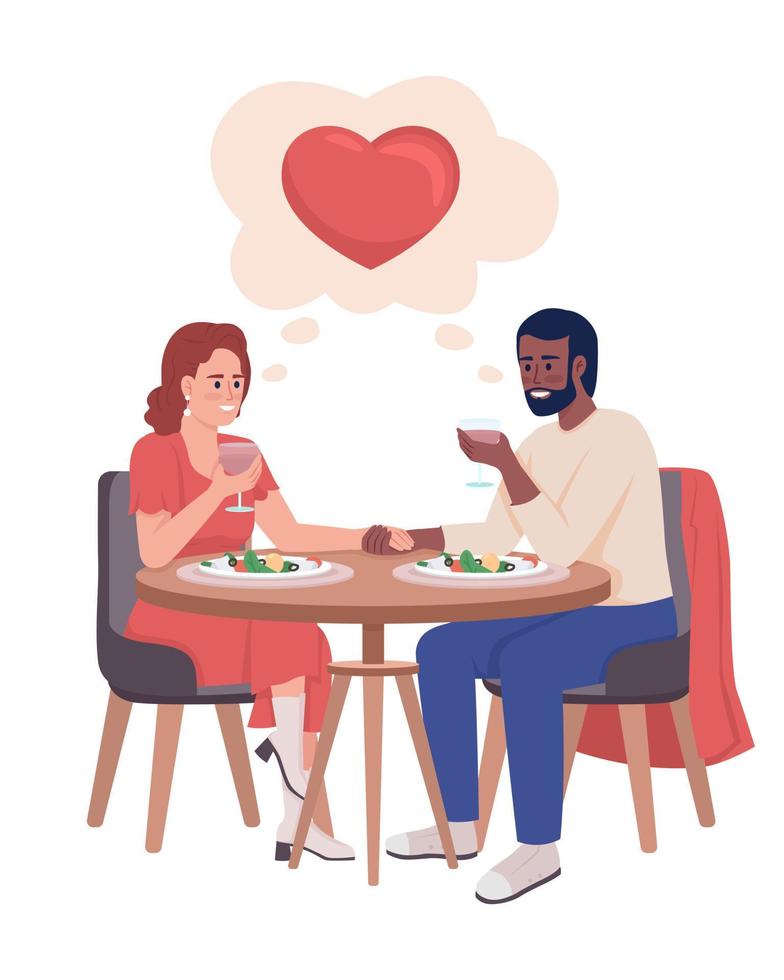 dîner romantique personnages vectoriels de couleur semi-plat. figure modifiable. personnes de tout le corps sur blanc. illustration de style dessin animé simple de communication de couple pour la conception graphique et l'animation web vecteur