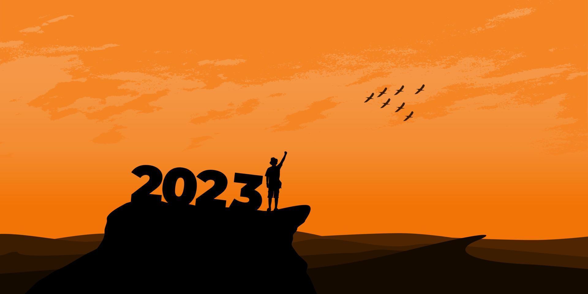 notion de nouvel an 2023. l'homme rencontre l'aube dans les montagnes pour le nouvel an 2023. message de citation inspirante de motivation de nouveau départ sur l'homme silhouette vecteur