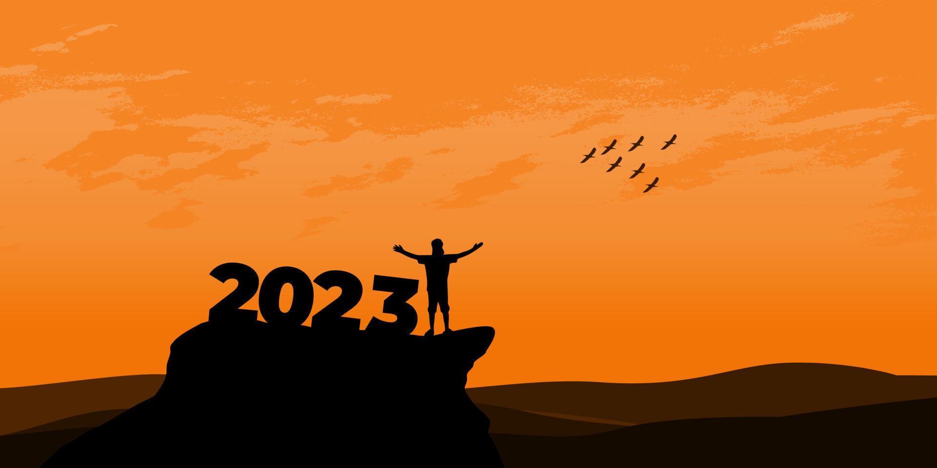 notion de nouvel an 2023. l'homme rencontre l'aube dans les montagnes pour le nouvel an 2023. message de citation inspirante de motivation de nouveau départ sur l'homme silhouette vecteur