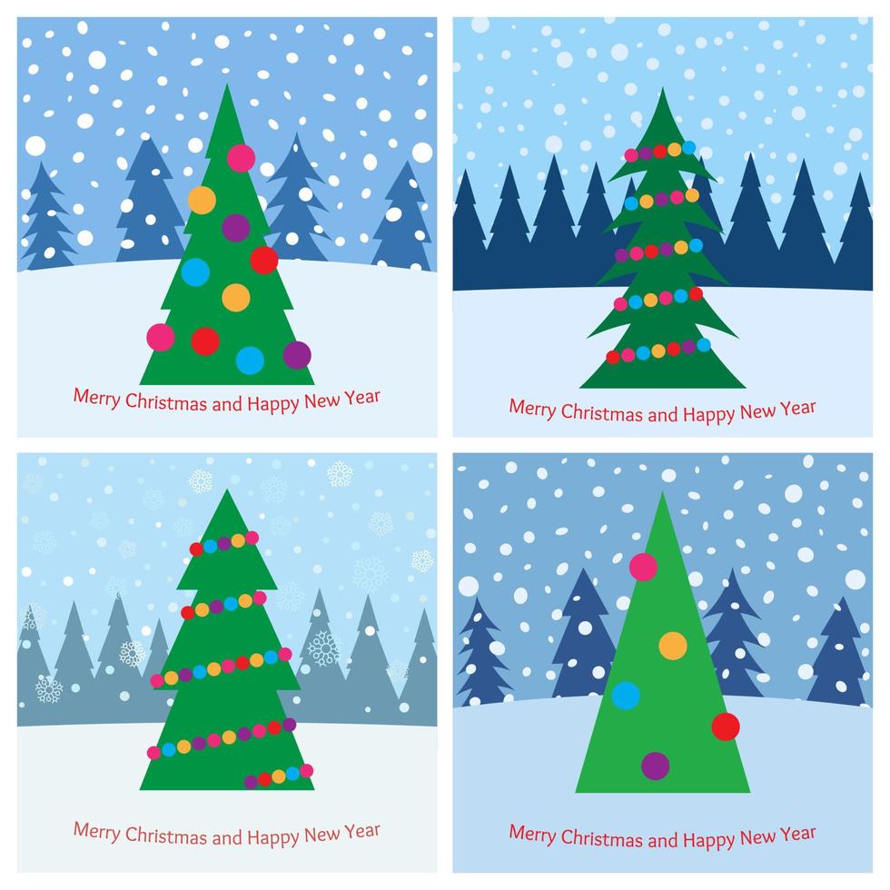 ensemble de quatre arbres de noël avec des jouets lumineux dans la forêt par temps neigeux. illustration vectorielle vecteur