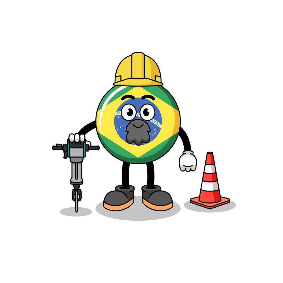 caricature de personnage du drapeau du brésil travaillant sur la construction de routes vecteur