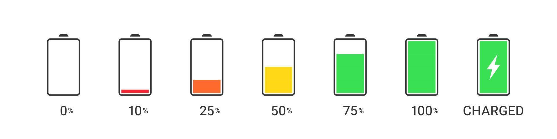 icônes de batterie. icônes de charge de la batterie. niveaux de charge de la batterie avec des pourcentages. illustration vectorielle vecteur