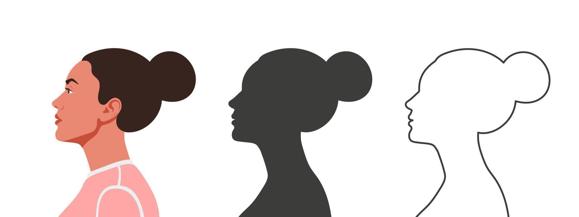 têtes de profil. visage de femme de côté. silhouettes de personnes dans trois styles différents. profil de visage. illustration vectorielle. vecteur