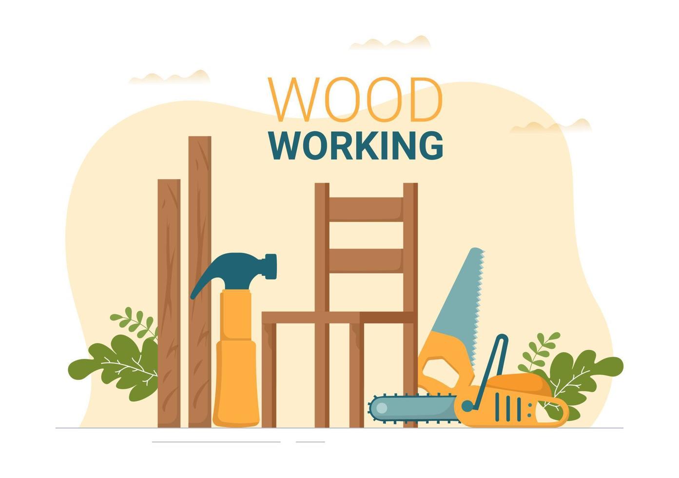 travail du bois avec coupe de bois par un artisan et un ouvrier moderne à l'aide d'outils définis dans une illustration de modèle dessiné à la main de dessin animé plat vecteur