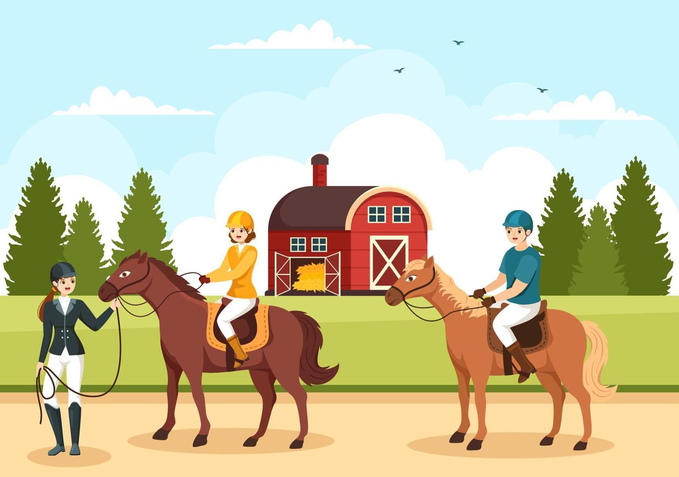 entraîneur de chevaux de sport équestre avec entraînement, leçons d'équitation et chevaux de course en illustration de modèle dessiné à la main de dessin animé plat vecteur