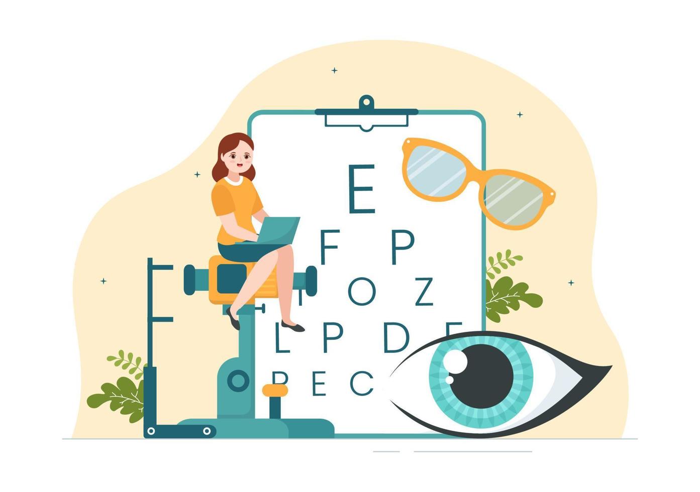 optométriste avec ophtalmologiste vérifie la vue du patient, le test optique de la vue et la technologie des lunettes dans l'illustration de modèles dessinés à la main de dessin animé plat vecteur