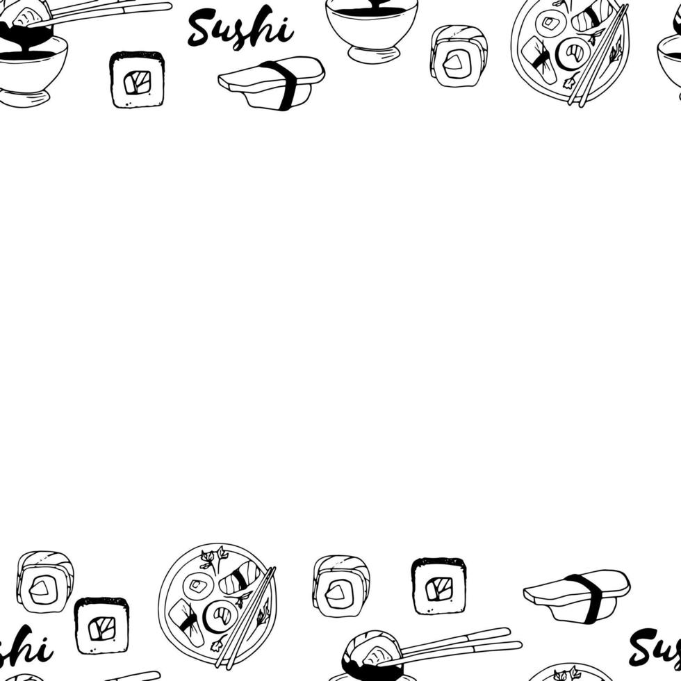 cadre de modèle sans couture de sushi doodle pour menu de restaurant de cuisine asiatique, invitation, site Web, textile vecteur