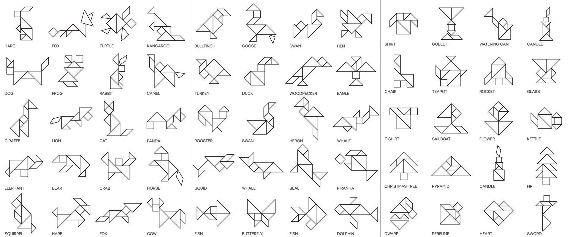 jeu de puzzle tangram. icônes de ligne tangram isolées avec des animaux, des oiseaux et des objets. illustration vectorielle vecteur