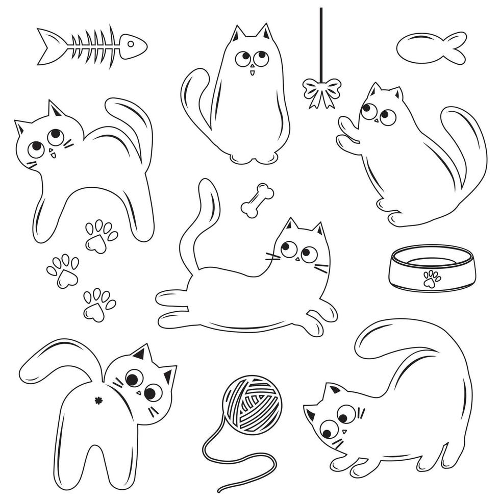 ensemble de personnages de chat mignon, contour noir, style doodle, illustration vectorielle isolée vecteur