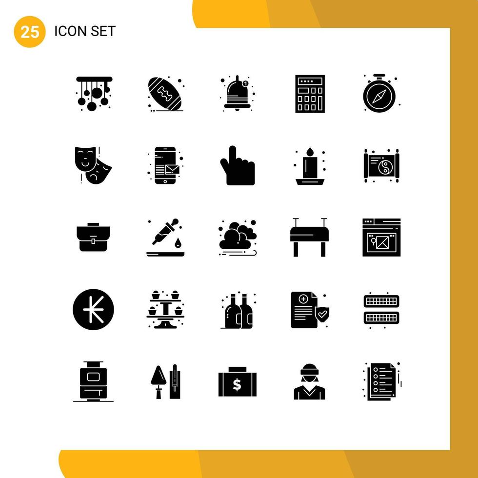 interface mobile glyphe solide ensemble de 25 pictogrammes de masques temps son montre pause éléments de conception vectoriels modifiables vecteur