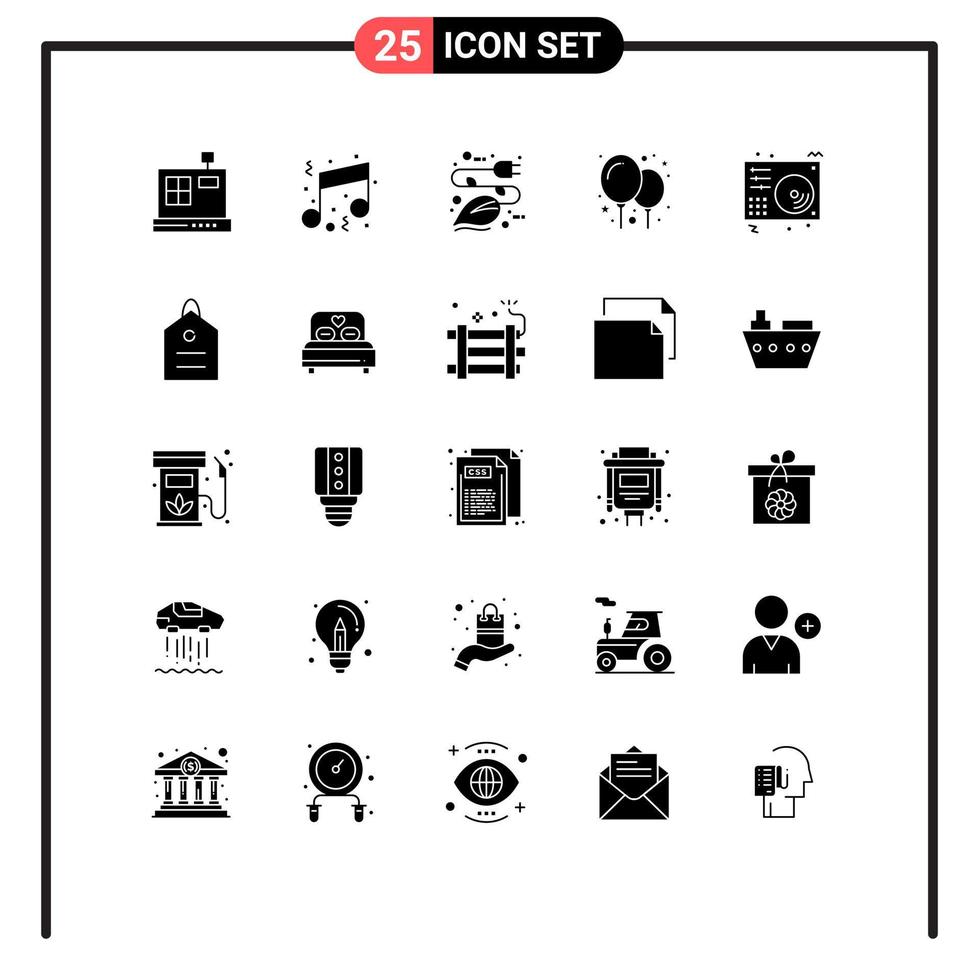 pack de 25 signes et symboles de glyphes solides modernes pour les supports d'impression Web tels que les ballons électriques de fête audio éléments de conception vectoriels modifiables écologiques vecteur