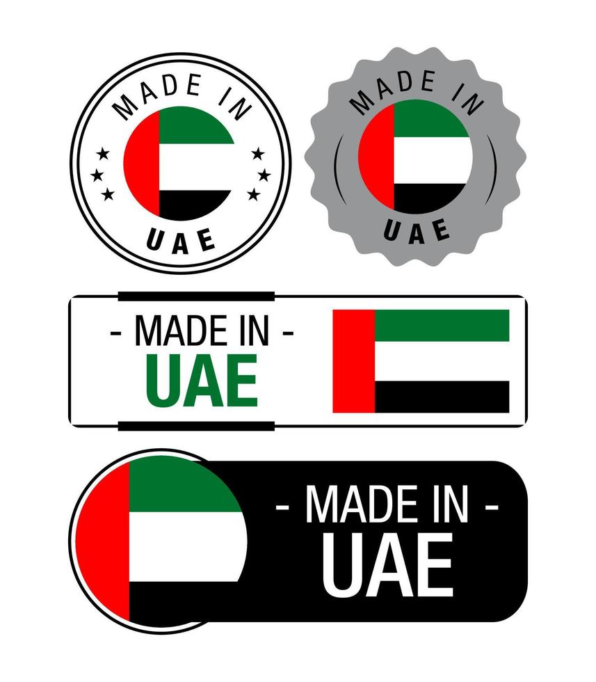 ensemble d'étiquettes fabriquées aux émirats arabes unis, logo, drapeau des émirats arabes unis, emblème de produit des émirats arabes unis vecteur