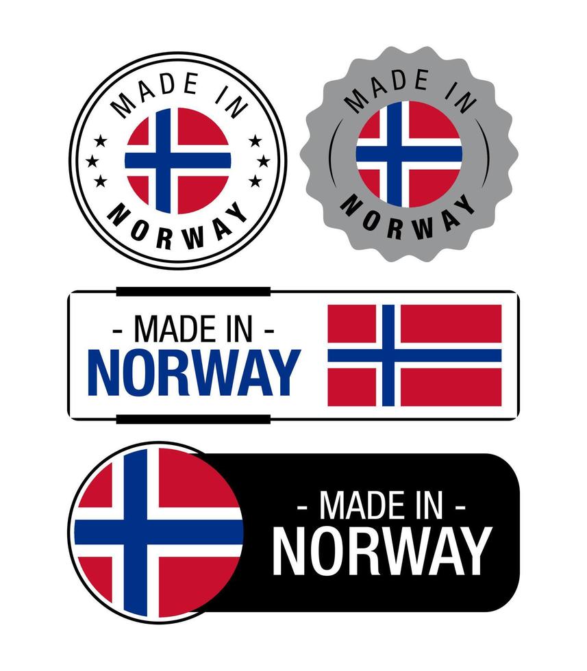 ensemble d'étiquettes fabriquées en norvège, logo, drapeau norvège, emblème du produit norvège vecteur