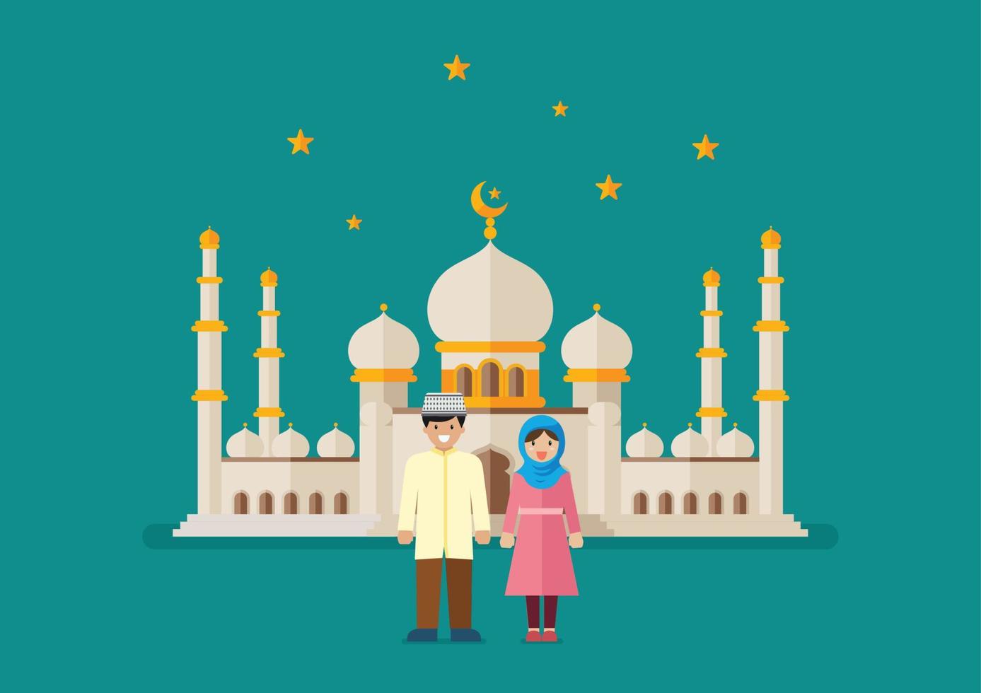 homme et femme musulman avec mosquée en arrière-plan vecteur