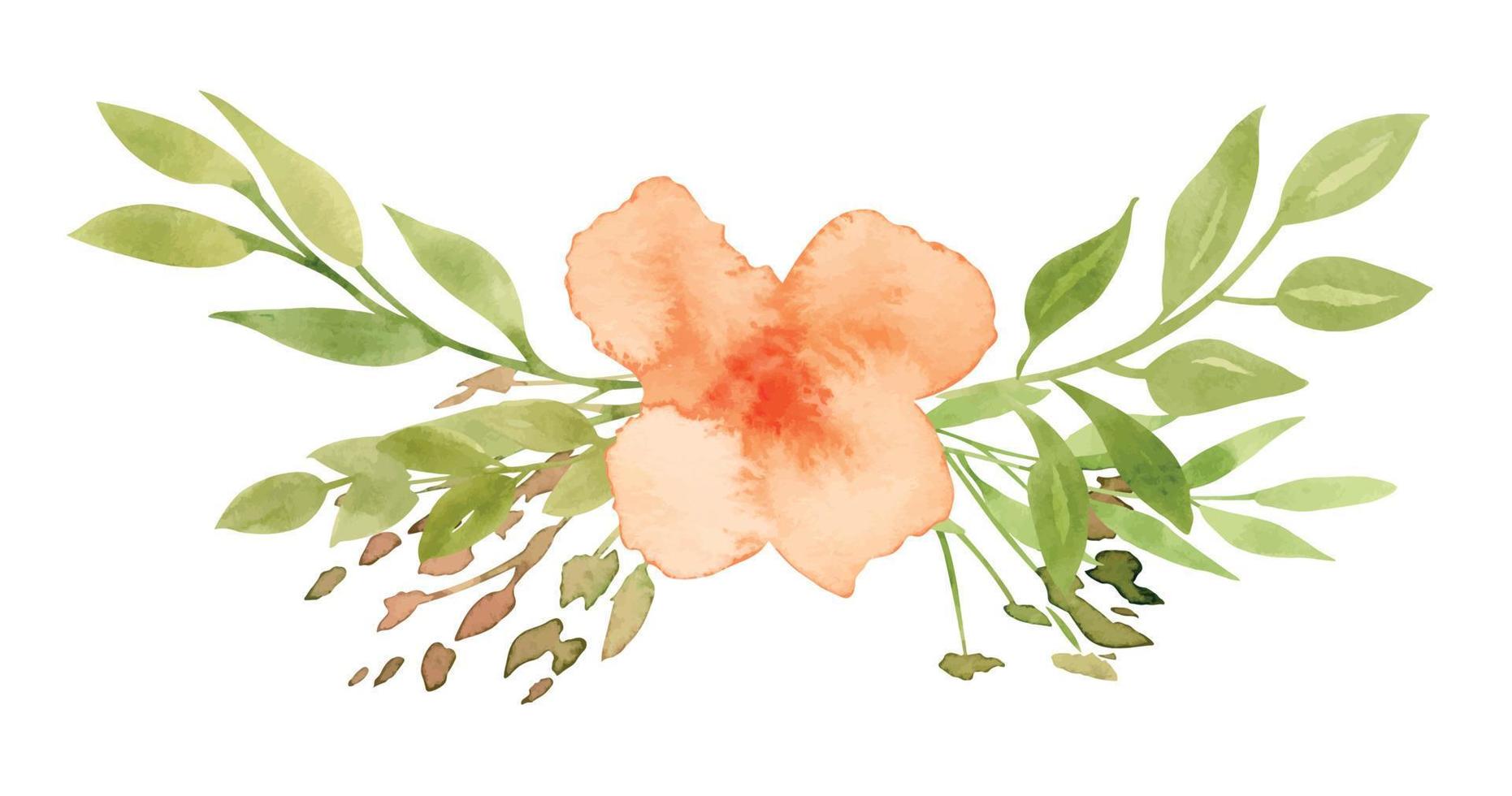 fleur orange abstraite aquarelle avec des feuilles vertes. illustration dessinée à la main d'un bouquet floral pour cartes de voeux ou invitations de mariage. dessin botanique sur fond isolé. croquis vintage vecteur