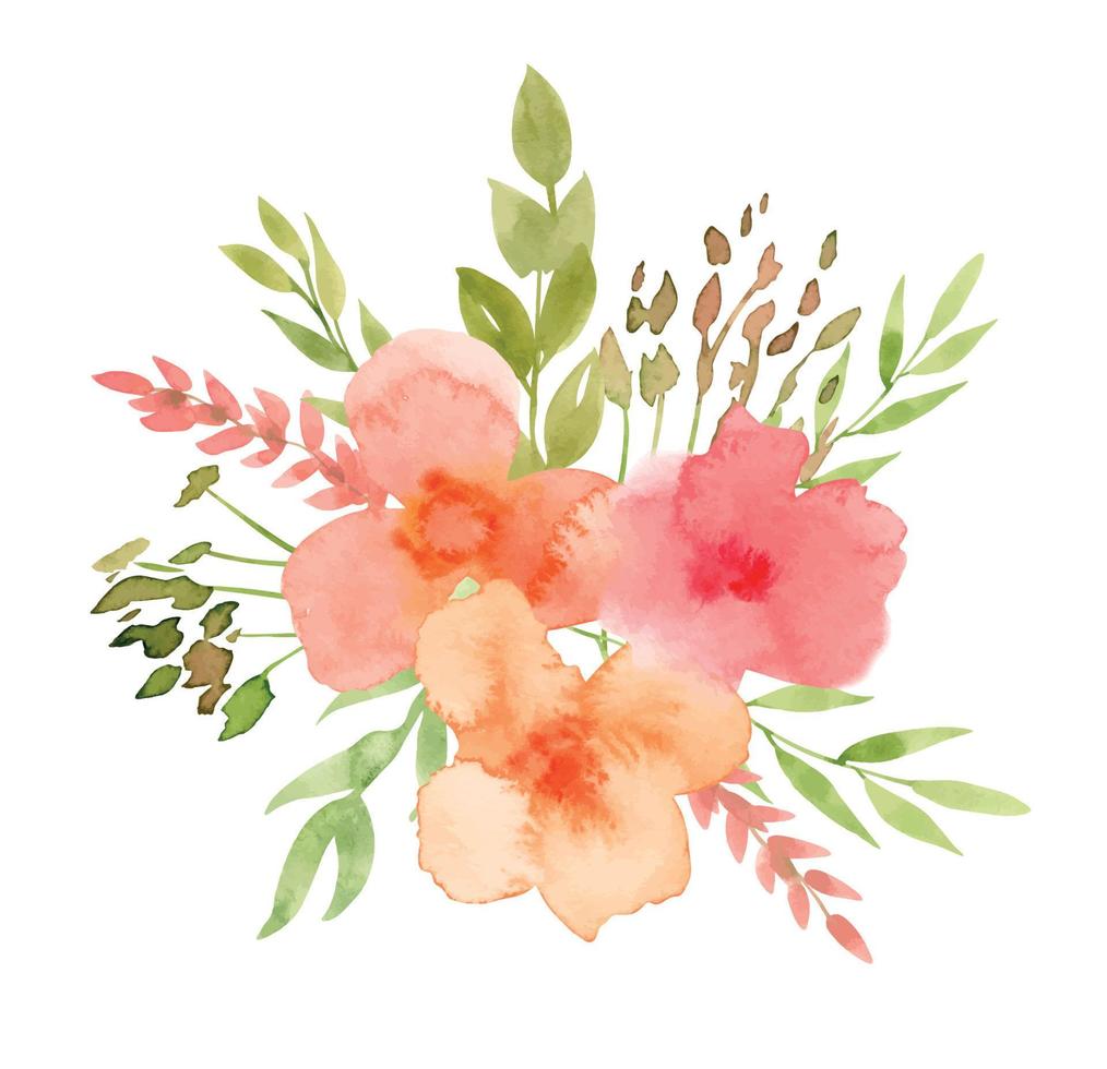 fleurs abstraites aquarelles orange et roses avec des feuilles et des branches vertes. illustration dessinée à la main avec bouquet floral pour cartes de voeux ou invitations de mariage. dessin sur fond isolé vecteur