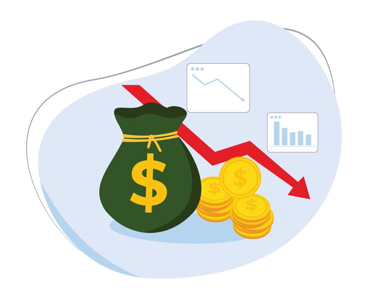 sac rempli de pièces de monnaie en dollars et graphique d'entreprise en baisse. déclin de l'investissement illustration vectorielle design plat vecteur